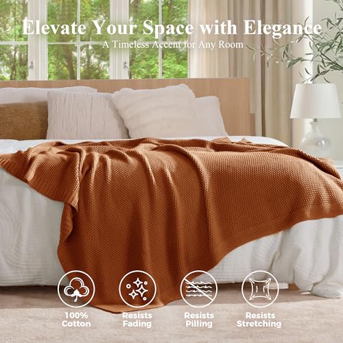 100% Cotton Cable Knit Throw Blanket, Large Lightweight Soft Knit Blanket for Sofa Couch Bed, Breathable All-Season Throw, Cozy Decorative Blanket, 60 x 80 Inch,Burnt Orange - color: Burnt Orange, size: Twin(60" X 80")