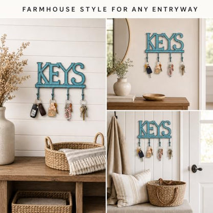 Comfify Rustic Blue Cast Iron Key Holder for Wall – Keys Sign with 4 Hooks | Rustic blue antique finish; mounting hardware included; entryway, hallway or door; 6"H x 8"L; holds 8 keychains - color: Rustic Blue