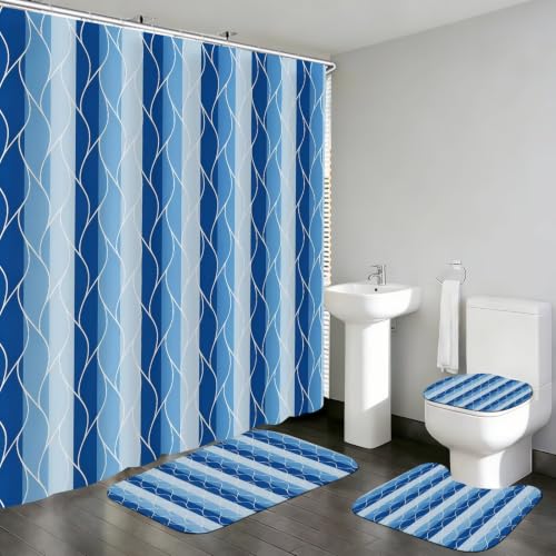 DDQQ 4Pcs Blue Bathroom Set Stripe Shower Curtain Set Modern Geometric Shower Curtain for Bathroom with 12 Hooks, Bathroom Carpet Bath Mat and Toilet Rugs - color: Blue