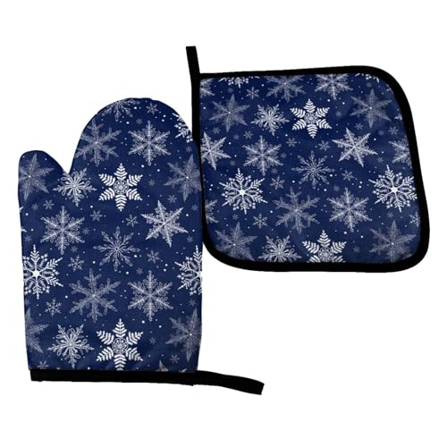 Perinsto Winter Snowflakes Blue Oven Mitts & Pot Holders Kitchen Set Heat Resistant Christmas Decorative Cooking Gloves Microwave Oven Gloves for Baking Grilling BBQ - color: Snowflakes Blue, size: Set of 2