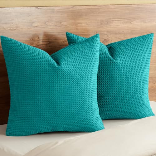 PHF 100% Cotton Waffle Weave Euro Shams 26" x 26", No Filling, 2 Pack Elegant Home Decorative Euro Throw Pillow Covers for Bed Couch Sofa, Teal Green - color: Teal Green, size: 26" x 26" (Pack of 2)