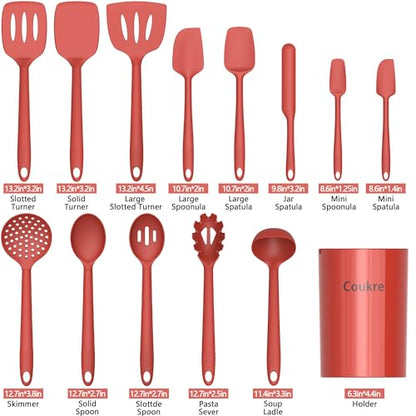 Coukre Silicone Kitchen Cooking Utensils Set, Heat Resistant, 14-Piece | Dishwasher-Safe, Food-Grade Silicone, BPA-Free, Spatulas, Spoons & Turner, Safe for Nonstick Cookware, PureRed - color: PureRed