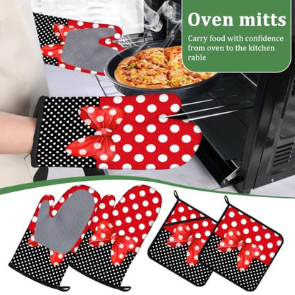 Red Black Polka Dot Bow Oven Mitts and Pot Holders Sets 4 Pcs Silicone Kitchen Gloves Heat Resistant Potholders for Baking Grilling BBQ - color: Polka Bow