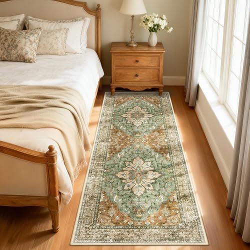 RELEANY Washable Vacuum-Friendly Area Rugs Runner 2'x6' Brick/Brown/Green | Low Pile Stain-Resistant, Soft Non-Slip, Floral Vintage Distress Print Pattern Medallion, for Living Room Bedroom Hallway - color: Brick/Brown/Green, size: 2' x 6' (Rectangular)