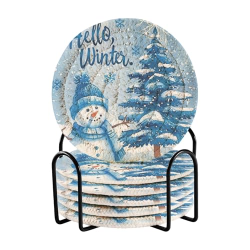 Caikeny 6 Pcs Drink Coasters with Metal Holder Winter Anowman Xmas Tree Absorbent Coasters Decorative Woven Coaster Set for Coffee Table - color: Multi 10k1.19