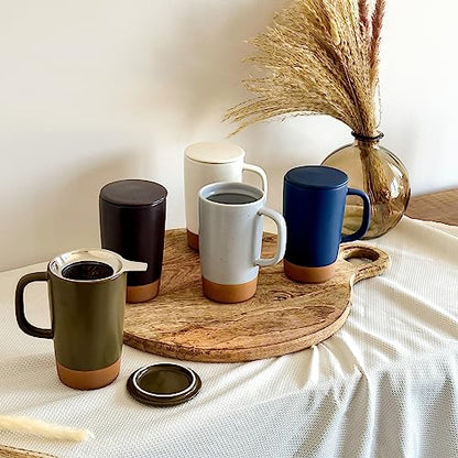 Mora Ceramics Large Tea Mug with Loose Leaf Infuser and Ceramic Lid, 18 oz, Portable, Microwave and Dishwasher Safe, Tall Coffee Cup - Rustic Matte Ceramic Glaze, Modern Herbal Tea Strainer, Olive - color: Olive