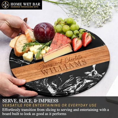 HomeWetBar Personalized Charcuterie Board | Custom 12" Round Black Marble & Acacia Wood Cheese Board | Perfect Housewarming + Wedding + Couples Gift Idea - style: Winslow Round Black Marble Board