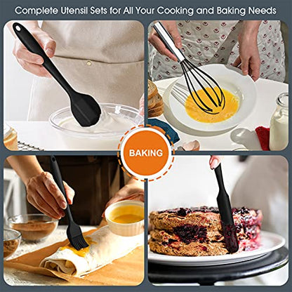 Kitchen Utensils Set, E-far 15-Piece Silicone Cooking Utensils with Holder, Non-stick Cookware Friendly & Heat Resistant, Includes Ladle Spatula Spoon Slotted Turner for Cooking & Baking (Black) - color: Black