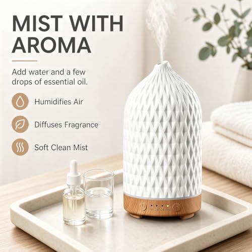 200ML Ceramic Essential Oil Diffuser for Home, Stone Diffuser | Ultrasonic Aromatherapy Diffuser & Air Humidifier for Bedroom, Office, Yoga, 7 LED Lights, Auto Shut-Off, 3 Timers, Rhombus - color: Rhombus