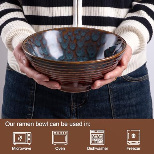 Ceramic Japanese Ramen Bowl Set, 2 Sets Asian Pho Udon Soup Noodle Bowls with Spoons and Chopsticks (Peacock Green, 8 inches) - color: Peacock Green