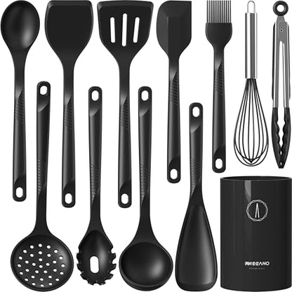 Silicone Cooking Utensils Set - 600°F Heat Resistant, Nonstick Kitchen Utensil Set with Spatulas, Spoons, Whisk, Tongs, BPA Free, Dishwasher Safe, Black - color: Black