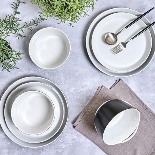 Sango 12-Piece Stoneware Dinnerware Set for 4, Modern White & Black Plates and Bowls Sets with Speckled Glaze, Durable Kitchen Ceramic Dish Set, Microwave & Dishwasher Safe Everyday Dishes, Stockholm - color: Black/White, size: 12-Piece Set