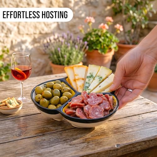 3-Compartment Ceramic Serving Dish, Handmade in Spain | 7.5” divided chip and dip bowl with lead-free glaze, microwave, oven and dishwasher safe, ideal for tapas, snacks and sauces - color: Onyx Yellow