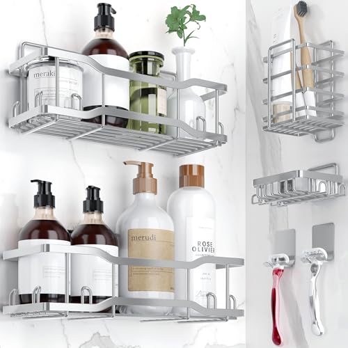 Shower Caddy Bathroom Shelves, The Athena Silken 4 Set, 40LB Capacity, Adhesive Tape No Drill - Rustproof -Gorgeous Powder Coated 304 Stainless Steel Shower Organizer for kitchen & Home Decor - Silver - color: silver