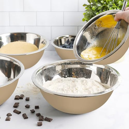 Stainless Steel Mixing Bowls Set, 5-Piece Meal Prep & Food Storage | .75, 1.5, 3, 4 & 5 Quart Metal Mixing Bowls Set for Prep, Serving, Baking & Food Storage, Ecofriendly, Dishwasher Safe, Khaki - color: Khaki