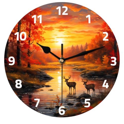 Forest River Sunset Deer Wall Clock Battery Operated 10 in Round Wall Clocks Slilent Non Ticking Quartz Analog Clock for Bedroom Kids Living Room Classroom Decor - color: Forest River Sunset Deer
