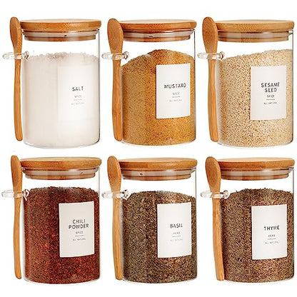 HHMJSM 6 Pcs Glass Jar with Bamboo Lid and Spoon - 17 oz Large Sugar Container with 148 Kitchen Pantry Spice Jar Labels Preprinted - Glass Containers with Wooden Lids Hold Coffee, Tea, Candy - color: 17oz