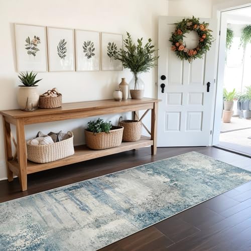8 Foot Washable Runner Rug: Non Slip Abstract Kitchen Entryway Carpet Blue | Bedroom - Soft Stain Resistant Easy Clean Mat for Family with Pets - color: Blue, size: 2'6" x 8' (Rectangular)