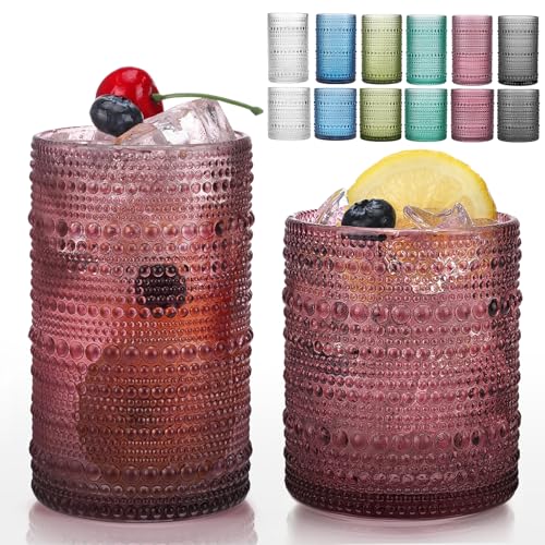 Moretoes Colored Hobnail Drinking Glasses Set of 12,Vintage Glass Cups | Mixed Glassware, 6pcs 12oz Highballs and 6pcs 10oz Old Fashioned Glasses, Great for Cocktail, Whisky and Other Beverages - color: Multicolor, size: 12pcs