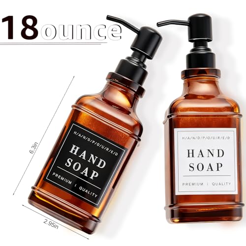 Amber Dish and Hand Soap Dispenser,Set of 2 * 16.9oz | Glass Soap Dispenser with Black Pump,Tray,Funnel,500ML Countertop Soap and Lotion Dispenser for Kitchen, Bathroom, Shower - color: Ks-5070c-28y-2b