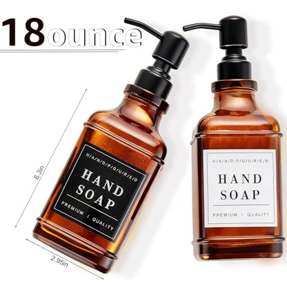 Amber Dish and Hand Soap Dispenser,Set of 2 * 16.9oz | Glass Soap Dispenser with Black Pump,Tray,Funnel,500ML Countertop Soap and Lotion Dispenser for Kitchen, Bathroom, Shower - color: Ks-5070c-28y-2b