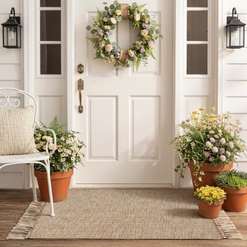 2' x 4.3' Indoor Outdoor Rug, Modern Farmhouse Kitchen Runner Rugs | Boho Hand-Woven Bathroom Mat, Soft Washable Front Door Mats, Low Profile Entry Rug for Laundry Bedroom Porch Decor, Tan/Cream - color: Tan/Cream, size: 2' x 4.3' (Rectangular)