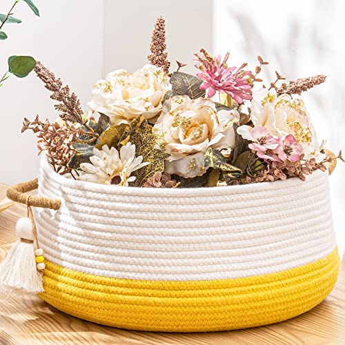 KAKAMAY Woven Baskets for Storage(16"x8"),Blanket Basket for Organizing Living Room,Cotton Rope Basket Woven Baby Laundry Hamper,Collapsible Laundry Room Organization,Clothes,Toy Chest(Yellow) - color: Yellow