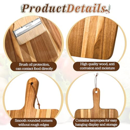 2 Pcs Acacia Wood Cutting Board with Handle, Decorative Wooden Serving Chopping Board Large Butter Charcuterie Butcher Blocks Tray for Kitchen Pizza Cheese Meat Vegetables Fruit Bread Baking