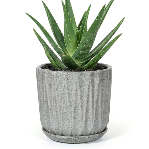 7.5 Inch Ceramic Planter Pot with Saucer Drainage Leak-Proof Mesh,Flower Pots for Indoor Plants with Gardening Gloves,Ceramic Planter(Stone Grey) - color: Stone Grey, size: 7.5 Inch