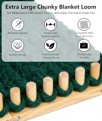 Irosiy 50" Loom for Chunky Blanket, Wooden Hand Knitting Loom for Chunky Yarn, Adjustable Size, No Needles Required with Assembly Tools