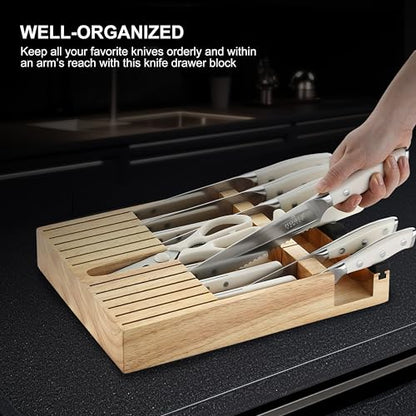 N NOBLE FAMILY In-drawer Knife Block Set, 16PCS Kitchen Knife Set with Wooden Block, Chopping Knives Set, Stainless Steel Knife Block Set, Sharp Cooking Knife Set with Cutting Board, Rust Proof, White - color: White