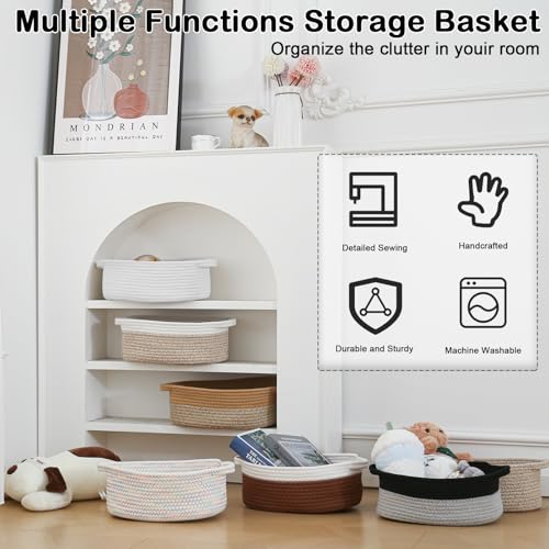 2 Pack Small Woven Rope Basket with Handles, White&Grey | Empty Gifts Basket with Bag and Ribbons, Cute Handle Organizer Box, Birthday/Baby Shower, Toy Storage - color: 2PC-White & Grey