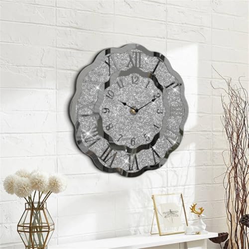 Crushed Diamond Mirrored Wall Clock Silver Modern Crystal Clocks for Bedroom Unique Home Decorative Glass Mirror Hanging Clock for Living Room Office Dining Decor - style: Wave
