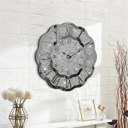Crushed Diamond Mirrored Wall Clock Silver Modern Crystal Clocks for Bedroom Unique Home Decorative Glass Mirror Hanging Clock for Living Room Office Dining Decor - style: Wave