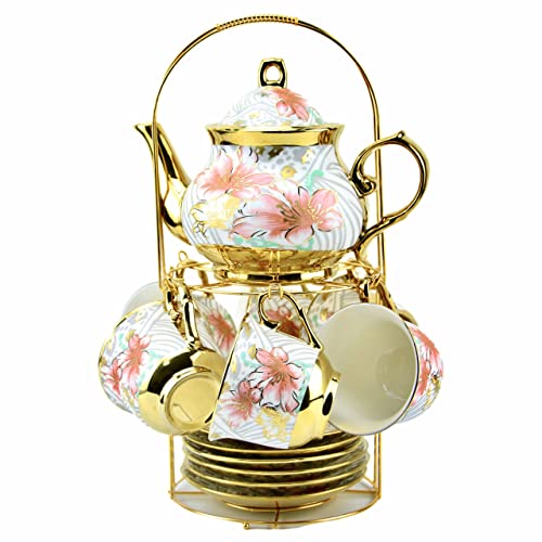 20 Pieces Porcelain Tea Set With Metal Holder, European Ceramic tea set for adults,Flower Tea Set,Tea Set For Women With Flower Painting (Large version, White) - color: White