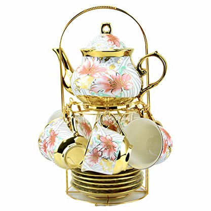 20 Pieces Porcelain Tea Set With Metal Holder, European Ceramic tea set for adults,Flower Tea Set,Tea Set For Women With Flower Painting (Large version, White) - color: White