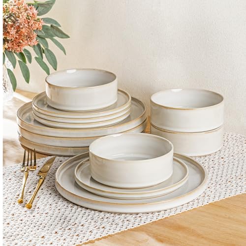 AmorArc Ceramic Dinnerware Sets for 6,18 Piece Plates and Bowls Sets Dishes | Stoneware Handmade Reactive Glaze Dishes Set | Highly Chip and Crack Resistant | Dishwasher & Microwave Safe - color: Vanilla White, size: Service for 6