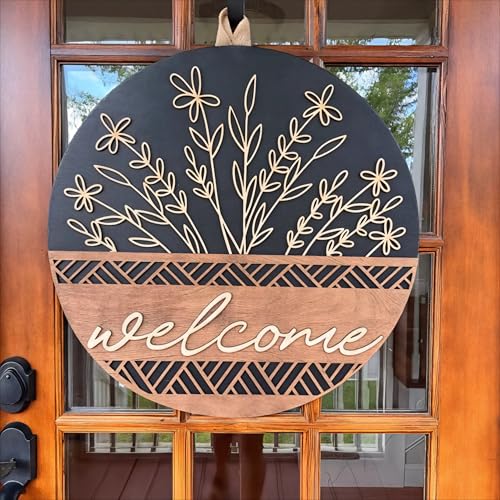 3D Welcome Sign for Front Door, Rustic Round Wood Wreaths Wall Hanging Modern Farmhouse Decor, House Warming Gifts New Home, Porch Fence Decorations for Spring Summer Fall All Seasons Holiday Outdoor - color: Brown & Black