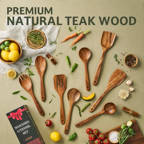 SOOMGYEOL SEOM 8-Piece Teak Wood Cooking Utensil Set | Natural Teak Wood, Uncoated, 8 Essential Cooking Utensils, Nonstick Safe - size: 8 PCS Set
