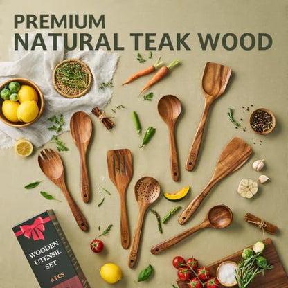 SOOMGYEOL SEOM 8-Piece Teak Wood Cooking Utensil Set | Natural Teak Wood, Uncoated, 8 Essential Cooking Utensils, Nonstick Safe - size: 8 PCS Set