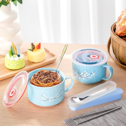 2 Pcs 30 oz Ceramic Soup Bowl with Lid and Handle Snow Flake Blossoms Cherry Pattern Microwave Soup Mug Instant Noodles Cup,2 Sets Stainless Utensils Fork Spoon Chopsticks with Case(Blue) - color: Blue