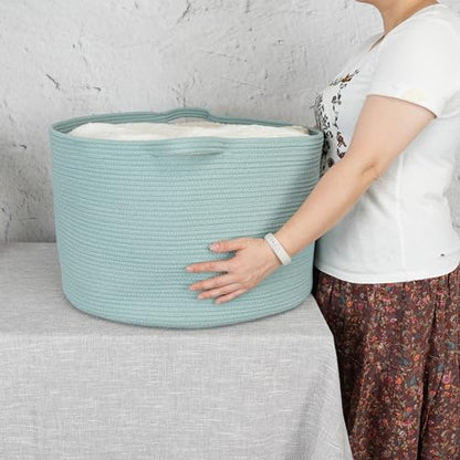 XUANGUO Extra Large Cotton Rope Round Storage Basket 22" x 14" Light Green | Woven basket for blankets, toys, towels, laundry, nursery, living room and pet toy storage. - color: light green