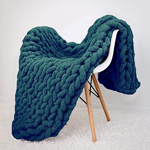 Hand Knit Throw Blanket 39x47 Warm Chunky Knit Bed Throw Soft Chenille Blanket for Sofa Couch Cozy Room Decor Emerald Green - color: Emerald Green, size: 39x47"