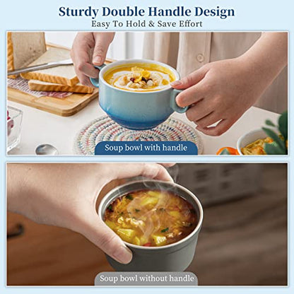 LOVECASA Multi-Color 12 OZ Soup Bowls with Handles, Ceramic Small French Onion Soup Bowls, Mini Soup Mugs Serving Bowls for Kitchen, Microwave & Dishwasher Safe,Set of 6