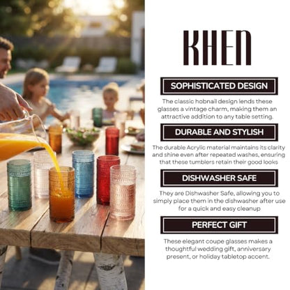 Khen Plastic Hobnail Drinking Highball Glasses Set of 6 Neutral Tones Cups 14oz, Shatterproof & Unbreakable Acrylic Beaded Design, BPA-Free, Dishwasher Safe Indoor/Outdoor Drinkware Water, Cocktails - color: Multicolor, style: Set of 6