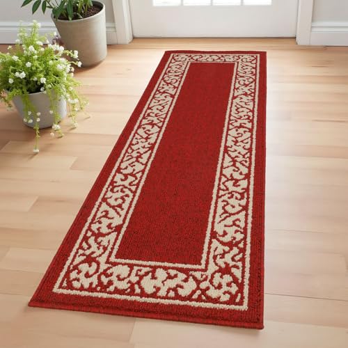 20 x 59 Inch Runner Rug Non-Slip Area Rug for Hallway – Low Profile Water Absorbing Kitchen Runner Rug with Rubber Backing – Machine Washable Indoor Mats for Entryway (Red, 20''x59'') - color: Red, size: 1'8" x 4'11" (Rectangular)