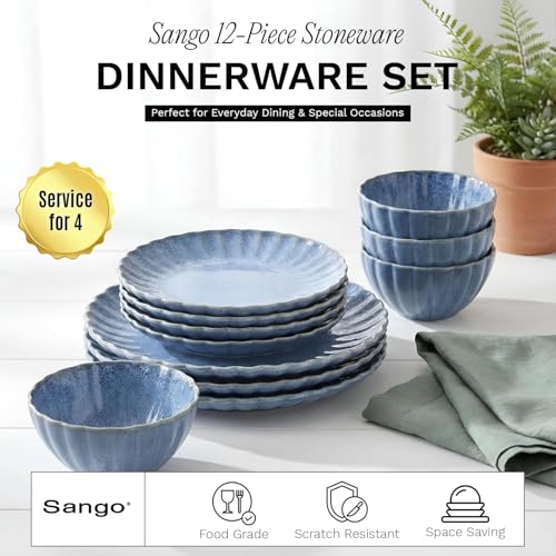 12 Pieces Stoneware Dinnerware Set, Microwave and Dishwasher Safe, for 4 | Scallop Frill Design, Chip Resistant, Ceramic, Includes Plates and Bowls - color: Blue, size: 12-Piece Set