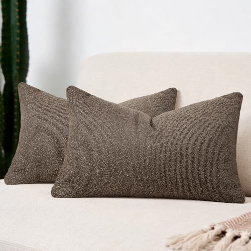 Textured Boucle Pillow Covers 12x20 Inch Set of 2, Brown | Soft Decorative Throw Pillow Covers, Natural Boho Accent Solid Pillowcases Sofa Living Room Home Decor - color: Brown, size: 20" x 12" (Pack of 2)
