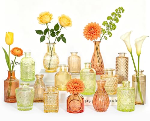 SUPMIND 16Pcs Fall Glass Bud Vases, Small Flower Vase for Table Centerpiece | Colored Mini Vintage Vases in Bulk for Wedding, Home, Autumn Table Decoration - color: Orange Yellow Series