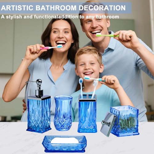 Blue Bathroom Accessories, Square Thick Glass & Metal Pump | Beautiful & weight, 5 pcs soap dispenser, toothbrush holder, soap dish, tumbler & jar, for mission/amish style - style: Square(Blue)